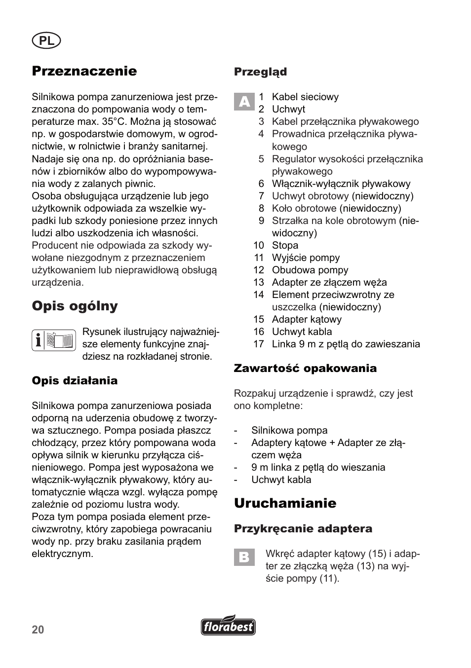Przeznaczenie, Opis ogólny, Uruchamianie | Florabest FTP 400 A1 User Manual | Page 20 / 94