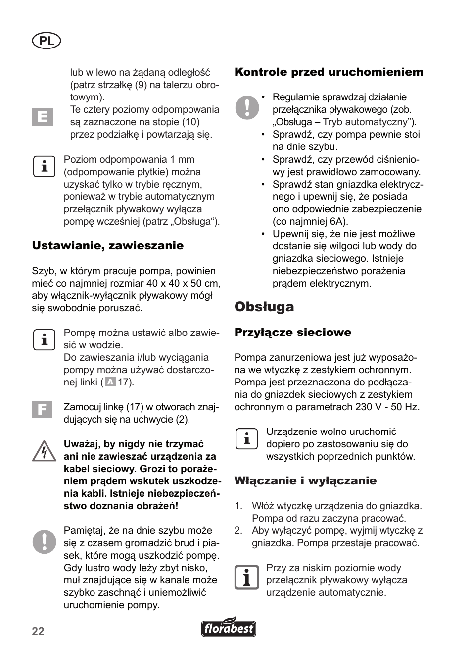 Obsługa | Florabest FTP 400 A1 User Manual | Page 22 / 94