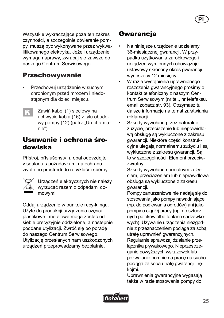 Przechowywanie, Usuwanie i ochrona śro- dowiska, Gwarancja | Florabest FTP 400 A1 User Manual | Page 25 / 94