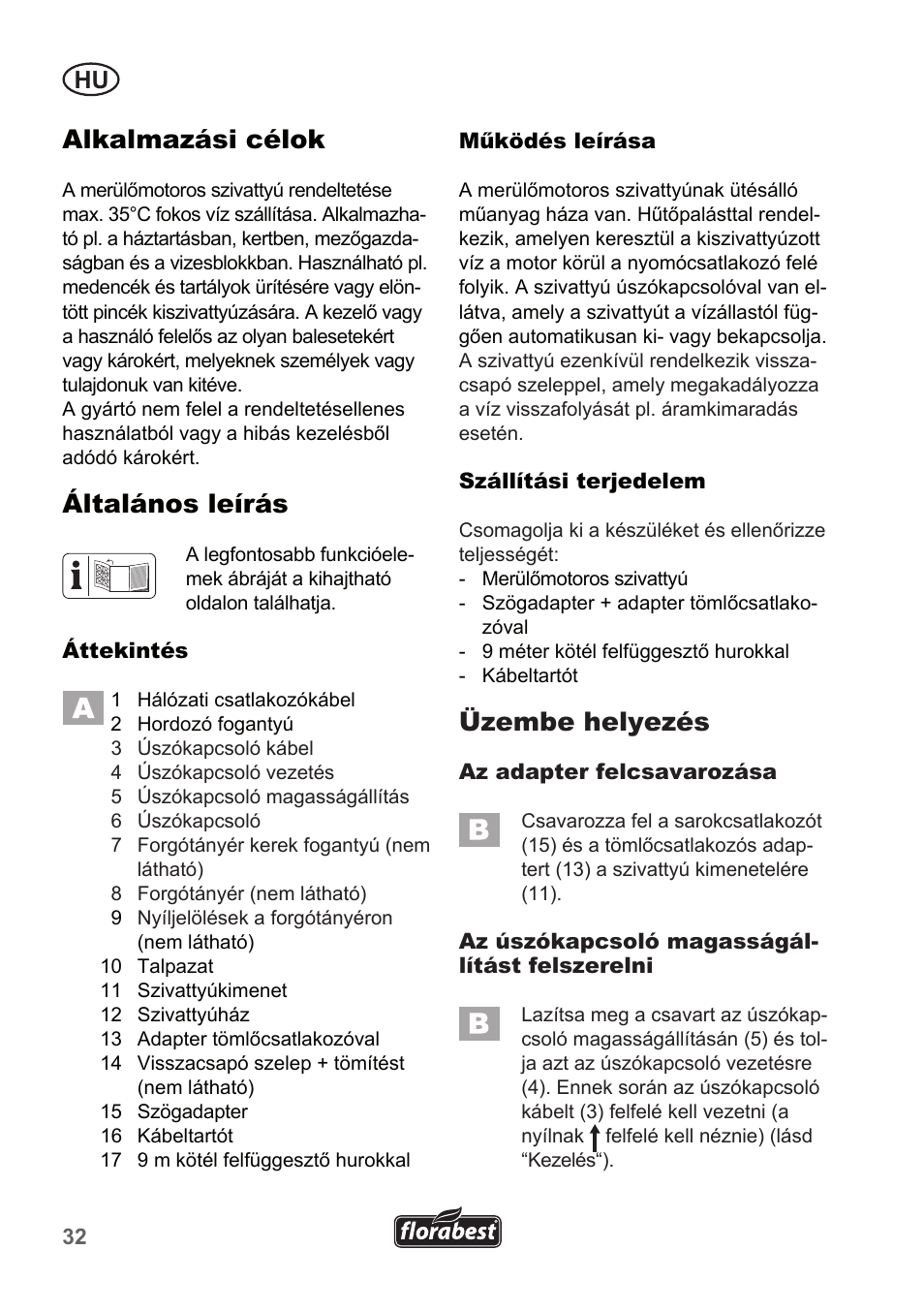 Alkalmazási célok, Általános leírás, Üzembe helyezés | Florabest FTP 400 A1 User Manual | Page 32 / 94