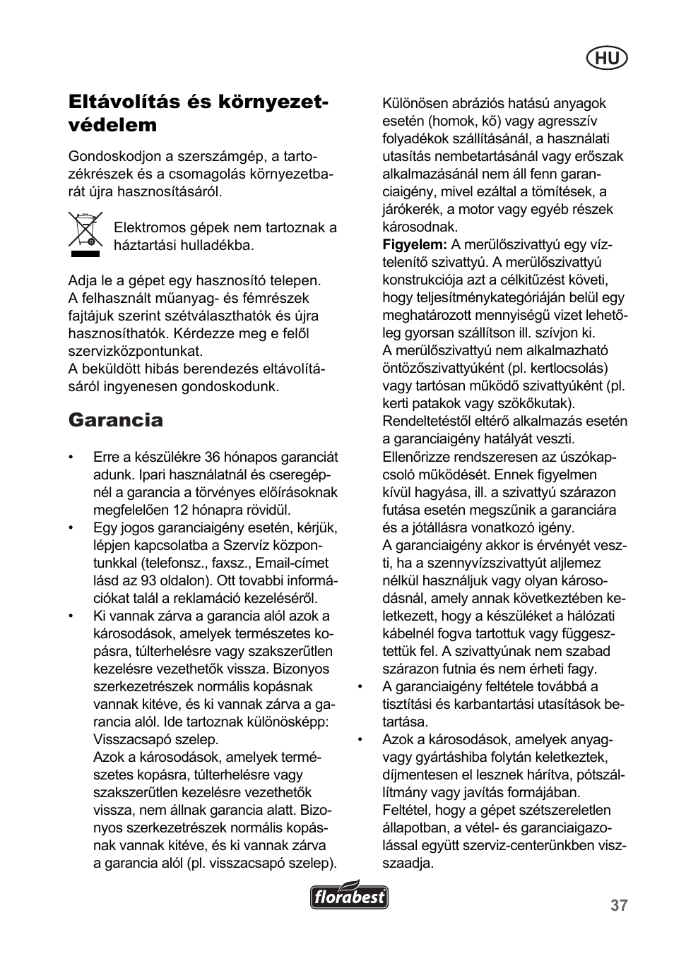 Eltávolítás és környezet- védelem, Garancia | Florabest FTP 400 A1 User Manual | Page 37 / 94