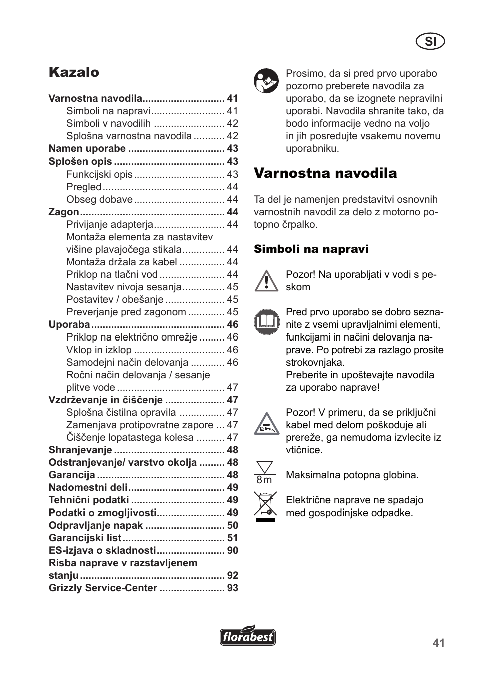 Varnostna navodila, Kazalo | Florabest FTP 400 A1 User Manual | Page 41 / 94