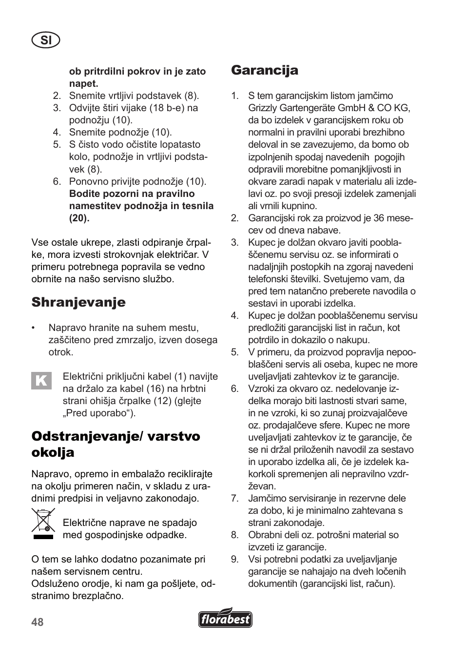 Shranjevanje, Odstranjevanje/ varstvo okolja, Garancija | Florabest FTP 400 A1 User Manual | Page 48 / 94