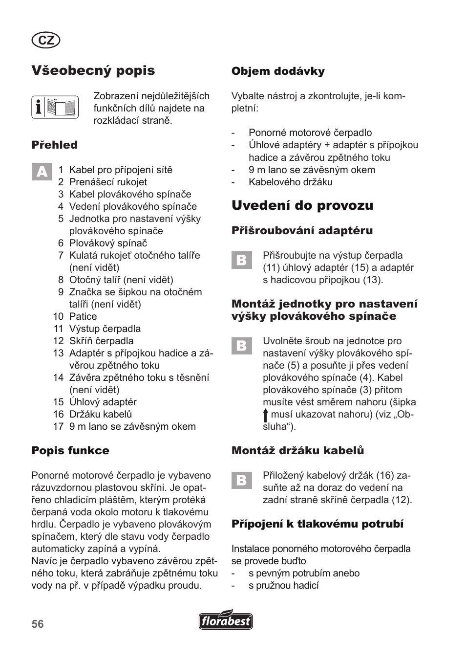 Všeobecný popis, Uvedení do provozu | Florabest FTP 400 A1 User Manual | Page 56 / 94