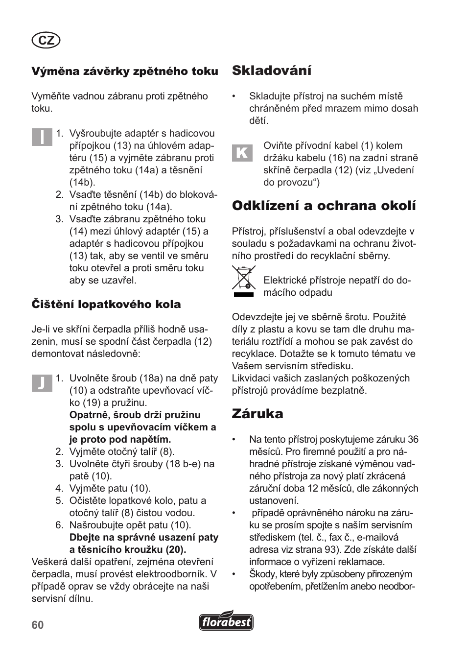 Skladování, Odklízení a ochrana okolí, Záruka | Florabest FTP 400 A1 User Manual | Page 60 / 94