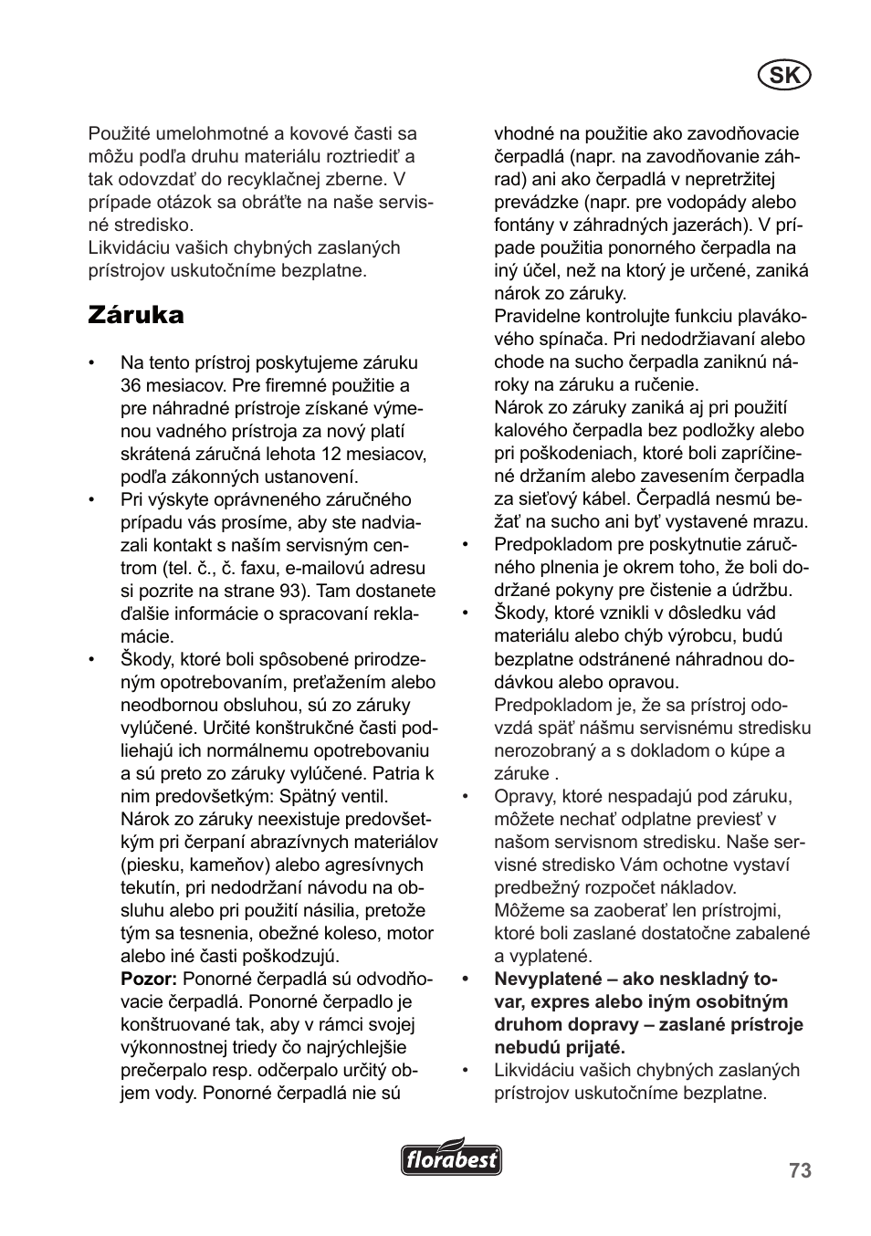 Záruka | Florabest FTP 400 A1 User Manual | Page 73 / 94