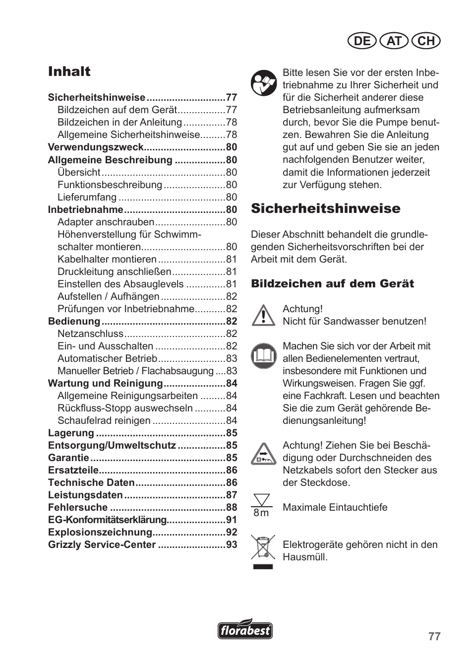 Sicherheitshinweise, Inhalt, De at ch | Florabest FTP 400 A1 User Manual | Page 77 / 94