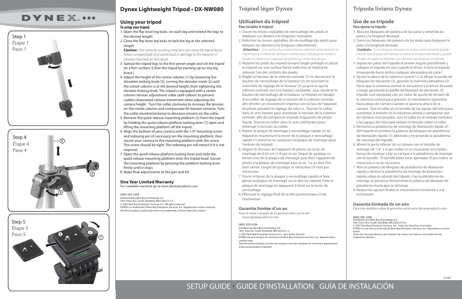 Dynex lightweight tripod • dx-nw080, Trépied léger dynex, Trípode liviano dynex | Using your tripod, Utilisation du trépied, Uso de su trípode | Dynex DX-NW080 User Manual | Page 2 / 2