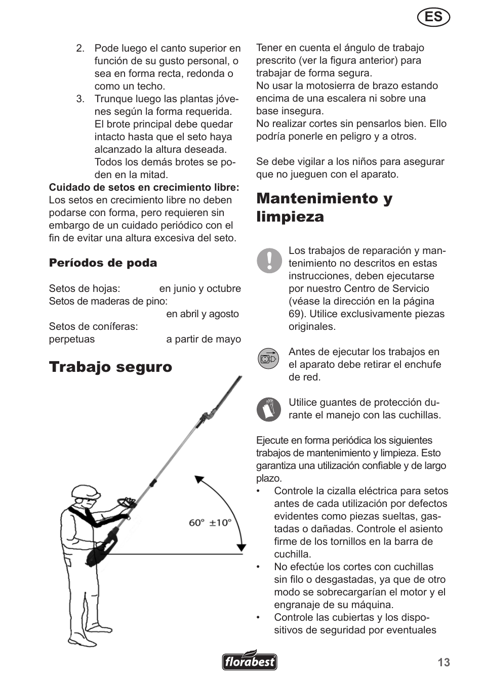 Trabajo seguro, Mantenimiento y limpieza | Florabest FHL 900 A1 User Manual | Page 13 / 70