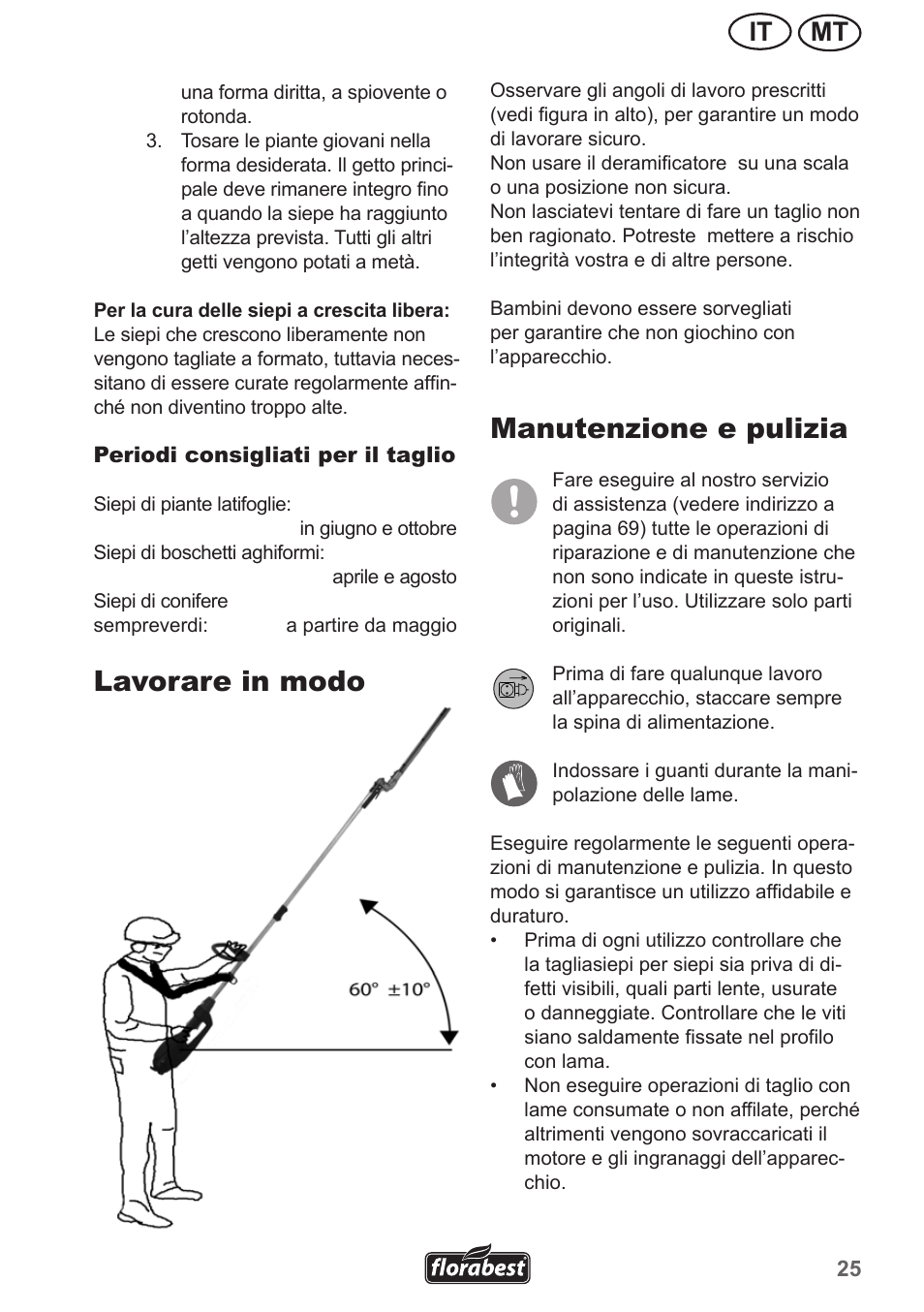 Lavorare in modo sicuro, Manutenzione e pulizia, Mt it | Florabest FHL 900 A1 User Manual | Page 25 / 70