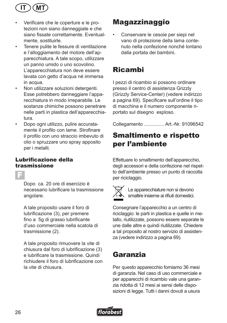 Magazzinaggio, Ricambi, Smaltimento e rispetto per l’ambiente | Garanzia, Mt it | Florabest FHL 900 A1 User Manual | Page 26 / 70