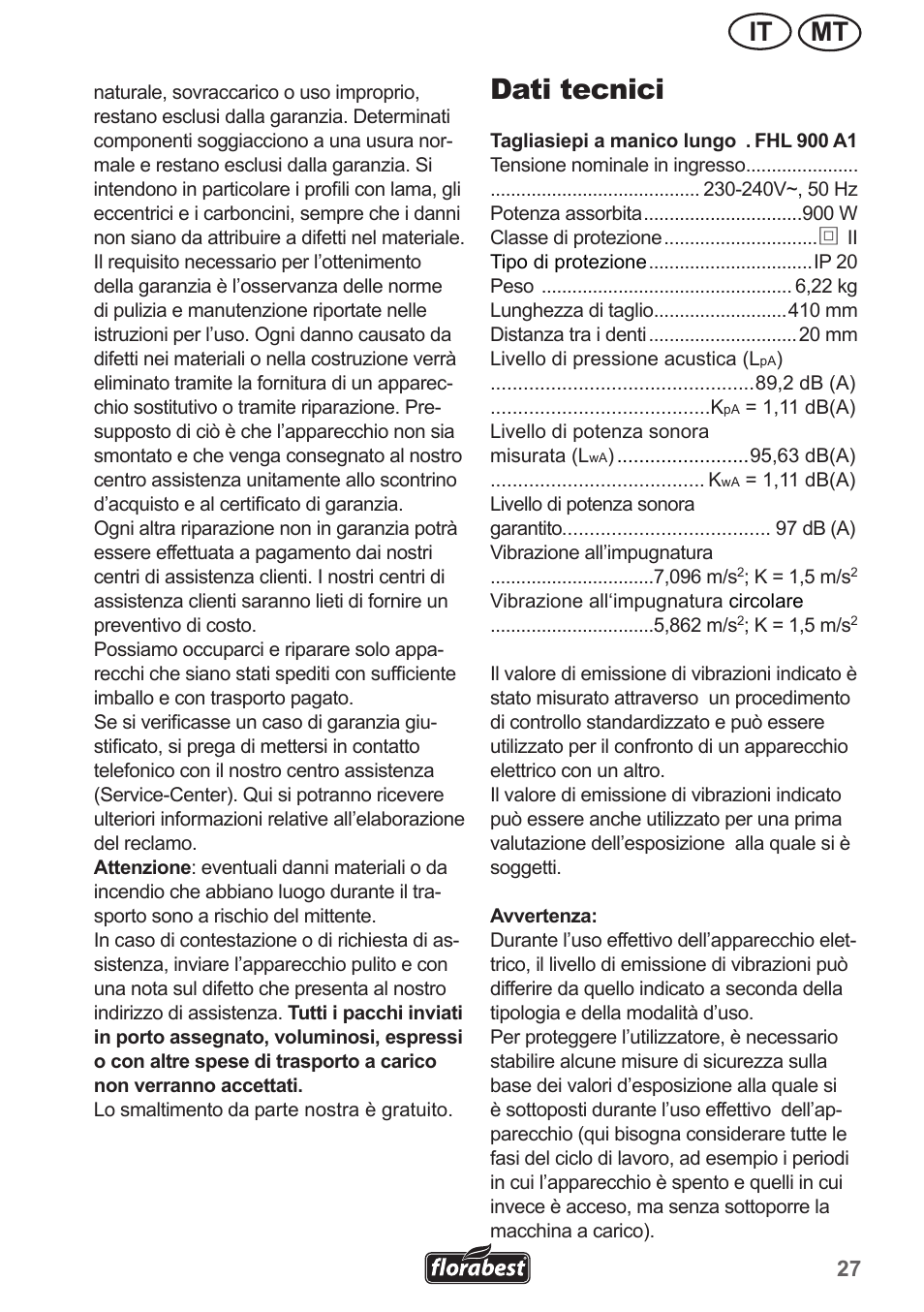 Dati tecnici, Mt it | Florabest FHL 900 A1 User Manual | Page 27 / 70