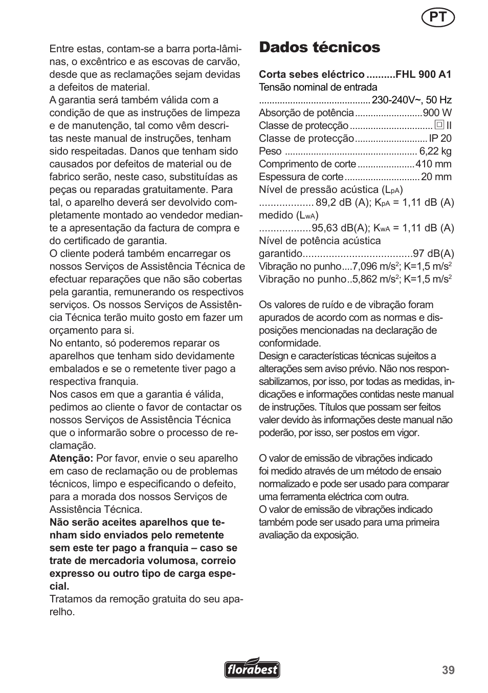 Dados técnicos | Florabest FHL 900 A1 User Manual | Page 39 / 70