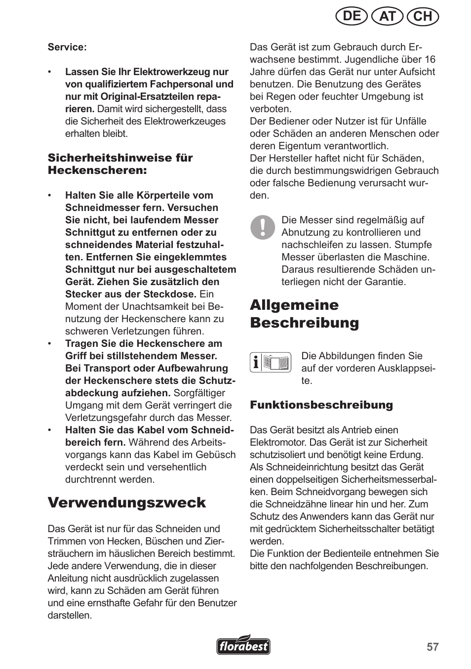 Verwendungszweck, Allgemeine beschreibung, Ch at de | Florabest FHL 900 A1 User Manual | Page 57 / 70