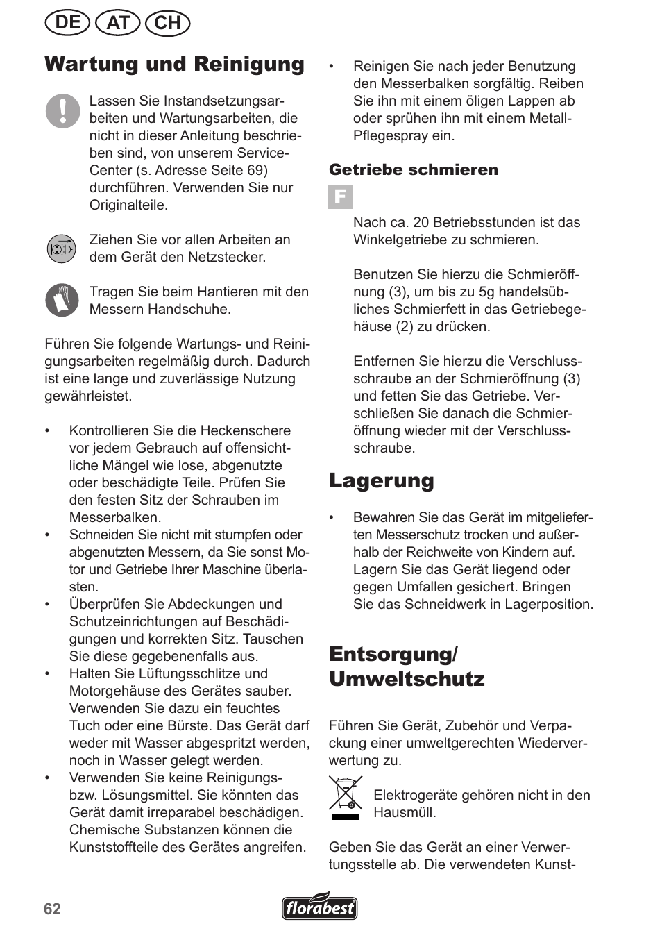 Wartung und reinigung, Lagerung, Entsorgung/ umweltschutz | Ch at de | Florabest FHL 900 A1 User Manual | Page 62 / 70
