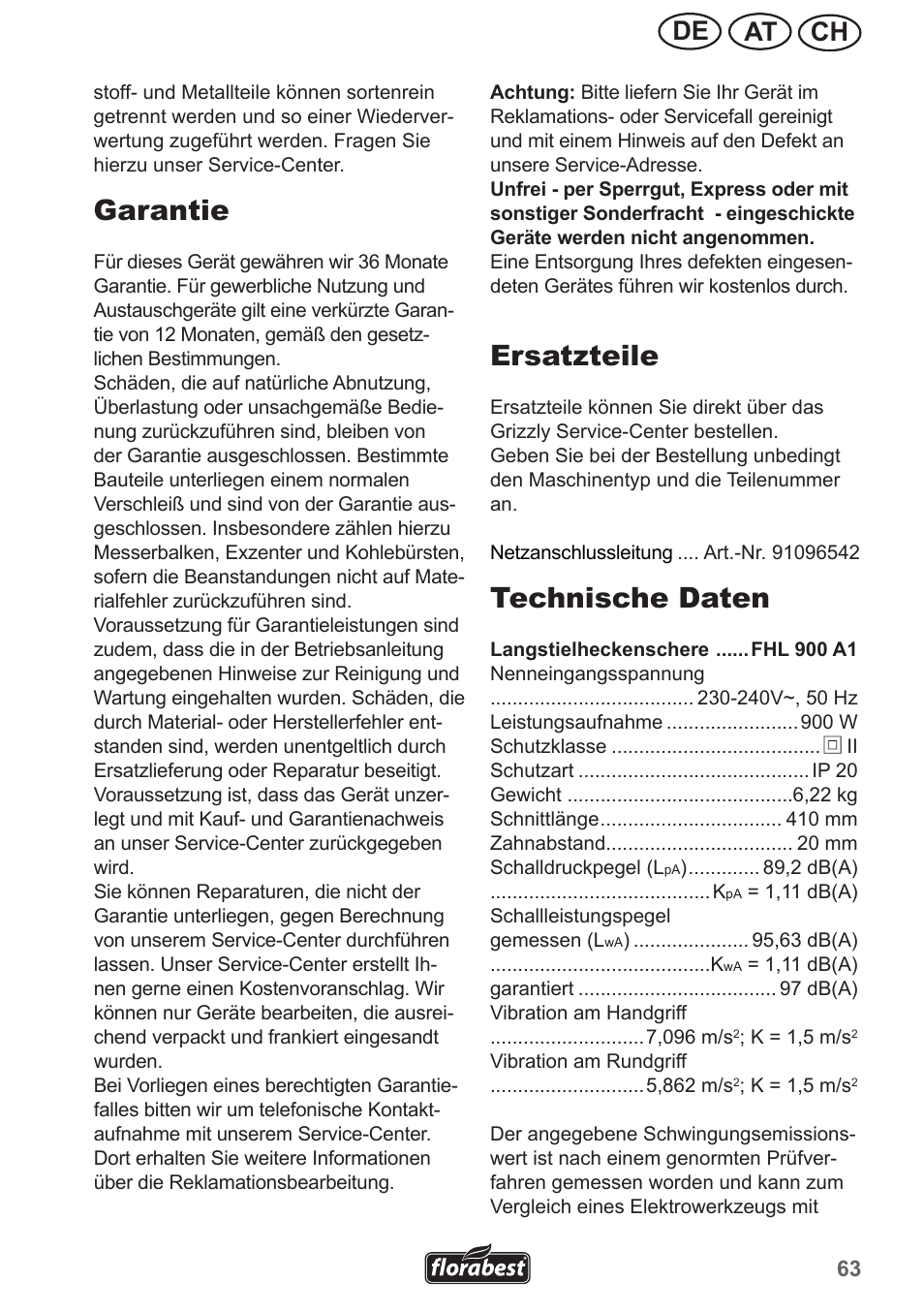 Garantie, Ersatzteile, Technische daten | Ch at de | Florabest FHL 900 A1 User Manual | Page 63 / 70