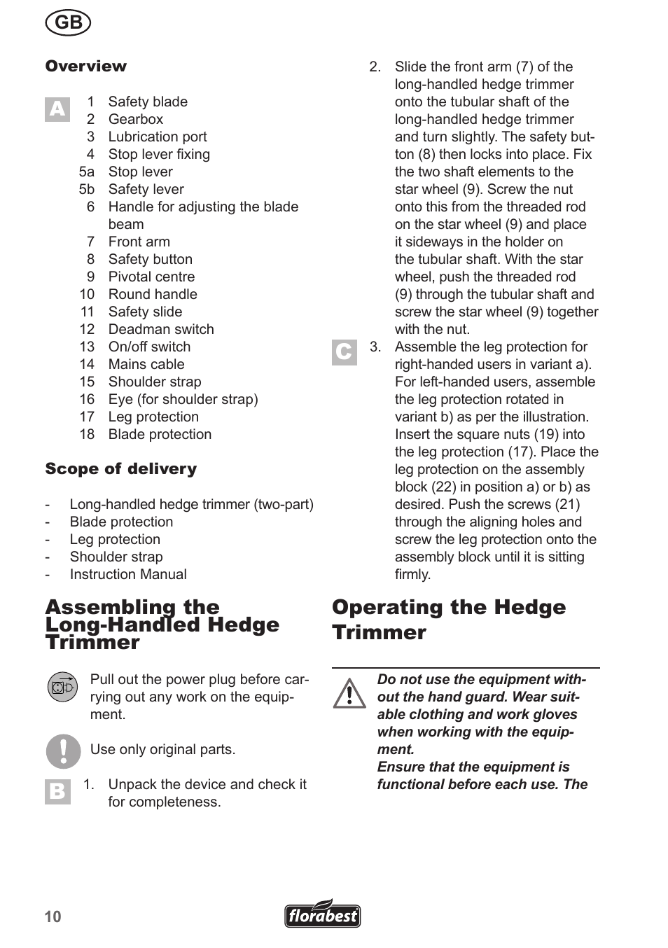 Assembling the long-handled hedge trimmer, Operating the hedge trimmer | Florabest FHL 900 A1 User Manual | Page 10 / 106