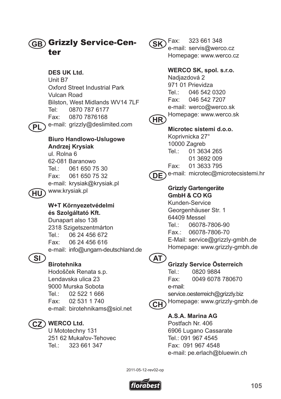 Grizzly service-cen- ter, Gb sk hr de at ch pl hu si cz | Florabest FHL 900 A1 User Manual | Page 105 / 106