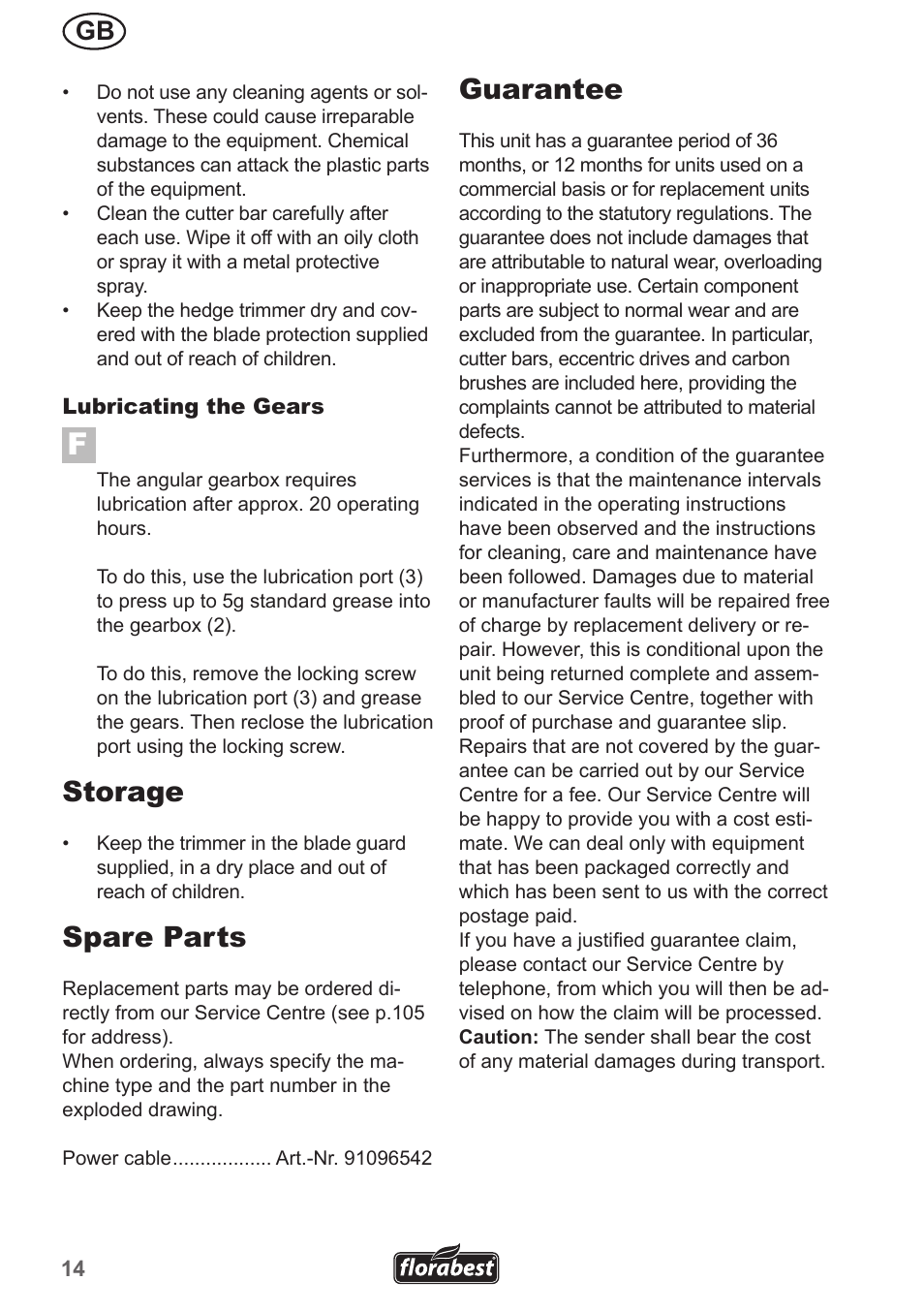 Storage, Spare parts, Guarantee | Florabest FHL 900 A1 User Manual | Page 14 / 106