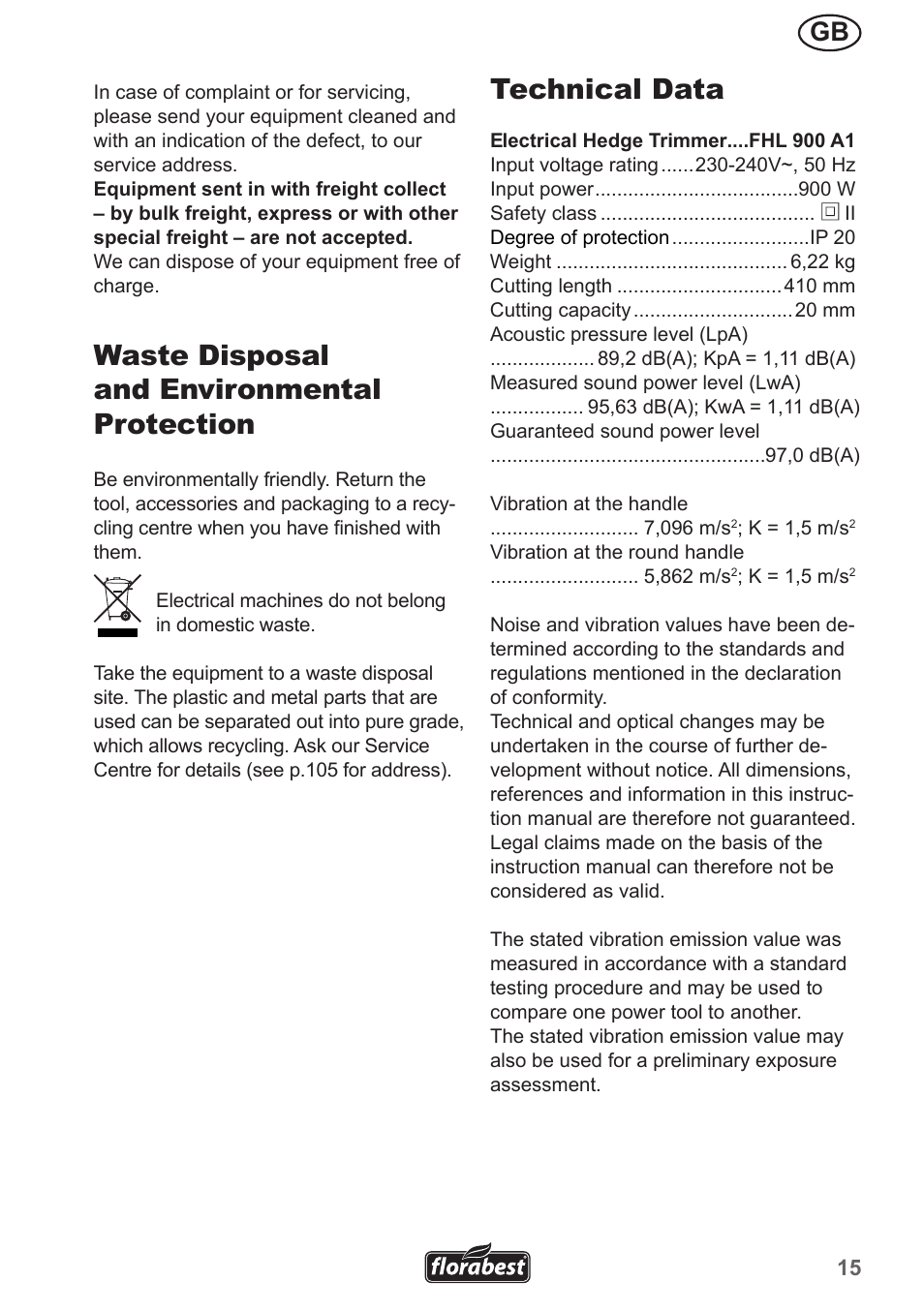 Waste disposal and environmental protection, Technical data | Florabest FHL 900 A1 User Manual | Page 15 / 106