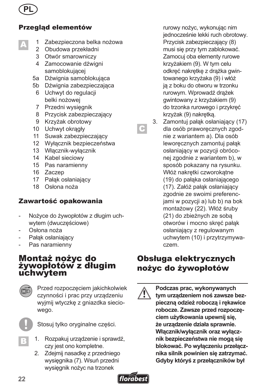 Montaż nożyc do żywopłotów z długim uchwytem, Obsługa elektrycznych nożyc do żywopłotów | Florabest FHL 900 A1 User Manual | Page 22 / 106