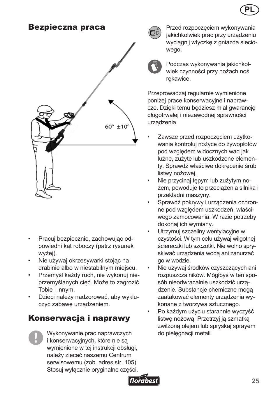Pl bezpieczna praca, Konserwacja i naprawy | Florabest FHL 900 A1 User Manual | Page 25 / 106