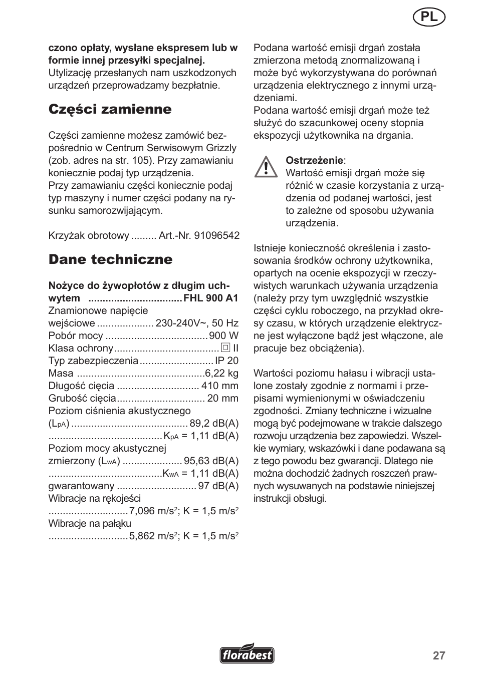 Części zamienne, Dane techniczne | Florabest FHL 900 A1 User Manual | Page 27 / 106