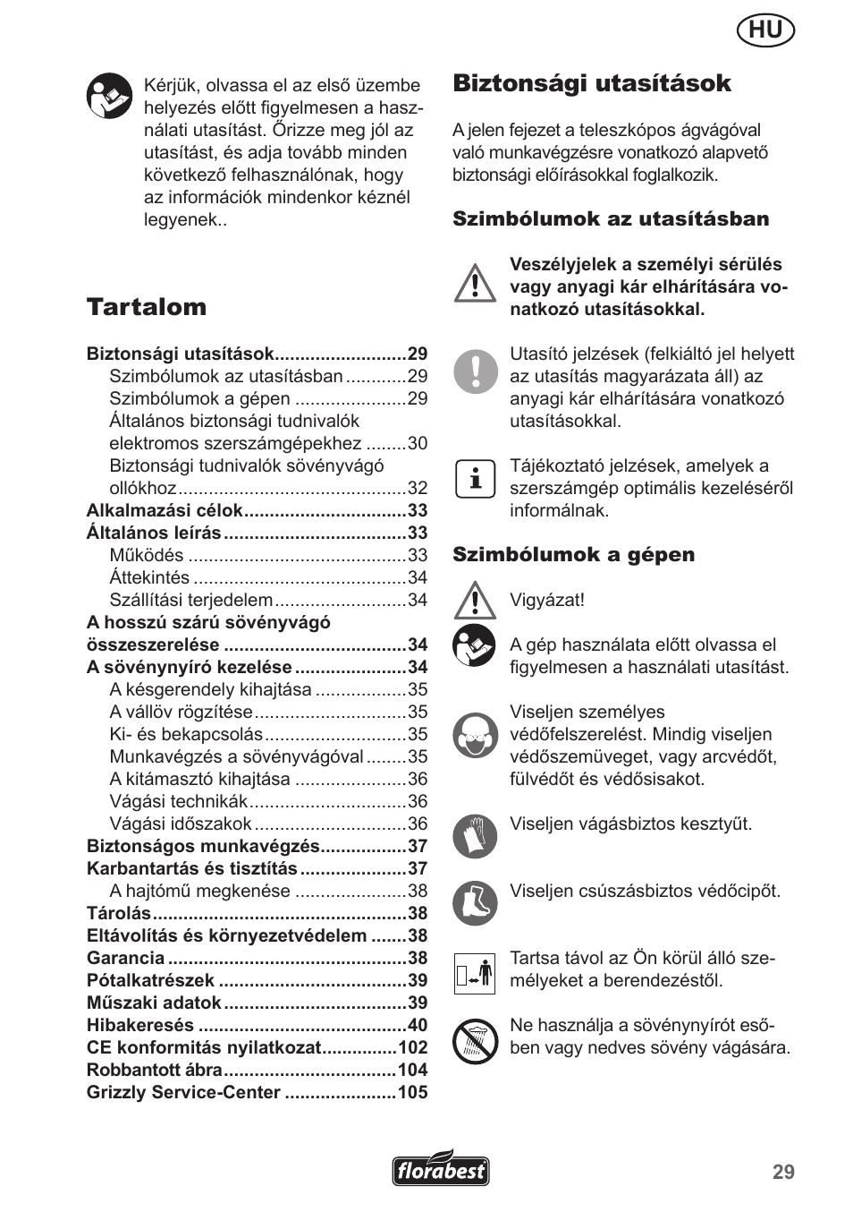 Hu biztonsági utasítások, Tartalom | Florabest FHL 900 A1 User Manual | Page 29 / 106