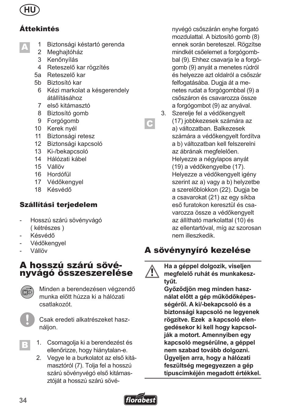 A hosszú szárú sövé- nyvágó összeszerelése, A sövénynyíró kezelése | Florabest FHL 900 A1 User Manual | Page 34 / 106