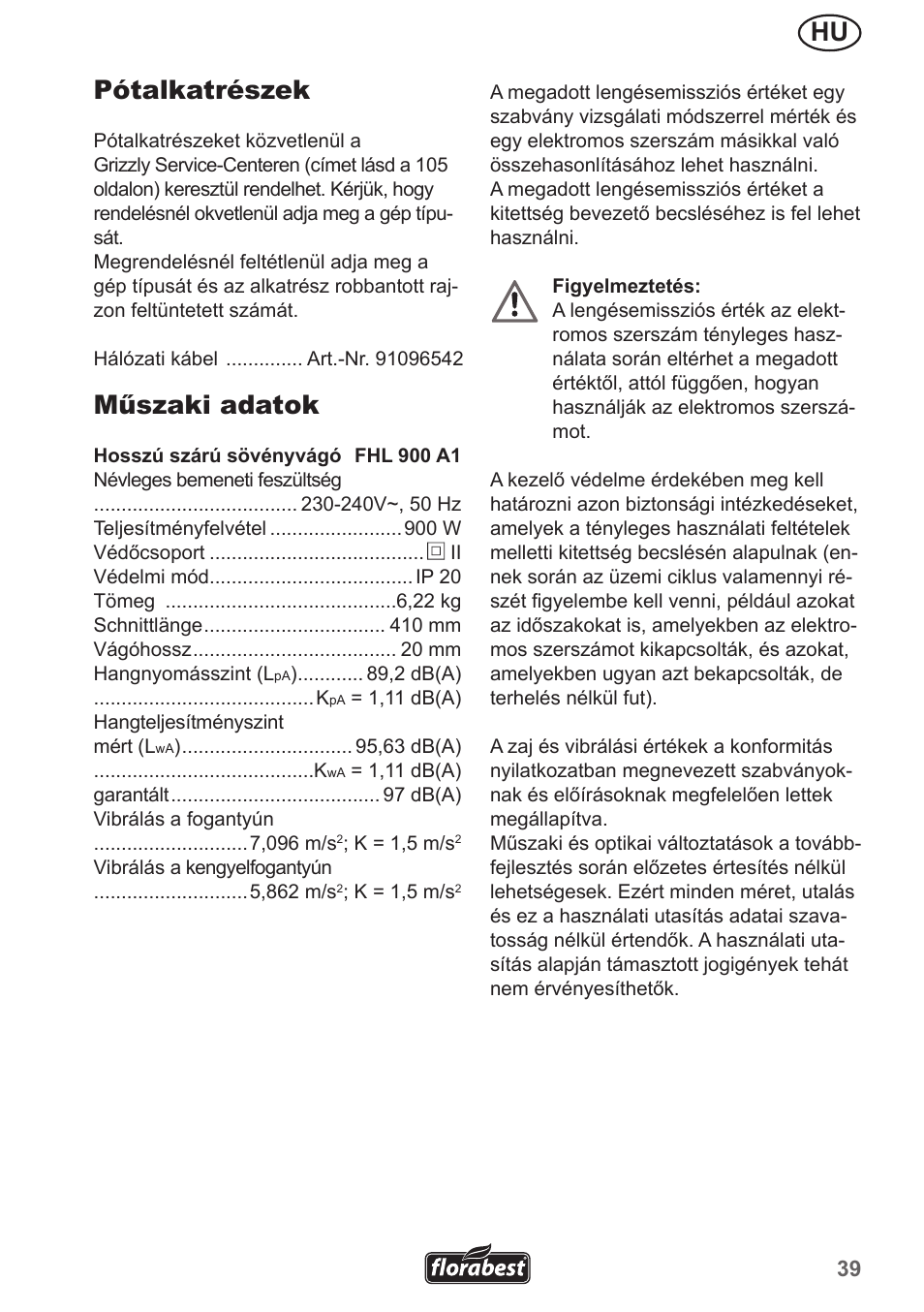 Hu pótalkatrészek, Műszaki adatok | Florabest FHL 900 A1 User Manual | Page 39 / 106