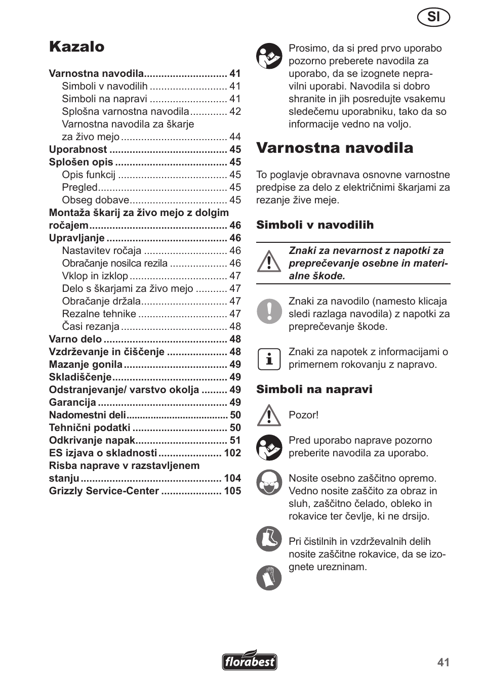 Varnostna navodila, Kazalo | Florabest FHL 900 A1 User Manual | Page 41 / 106