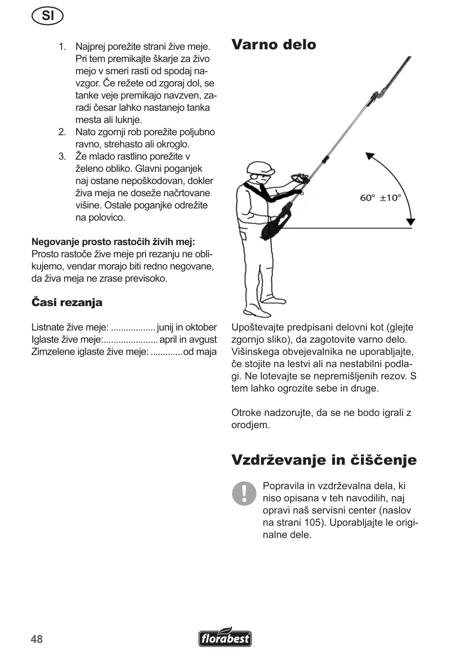 Varno delo, Vzdrževanje in čiščenje | Florabest FHL 900 A1 User Manual | Page 48 / 106