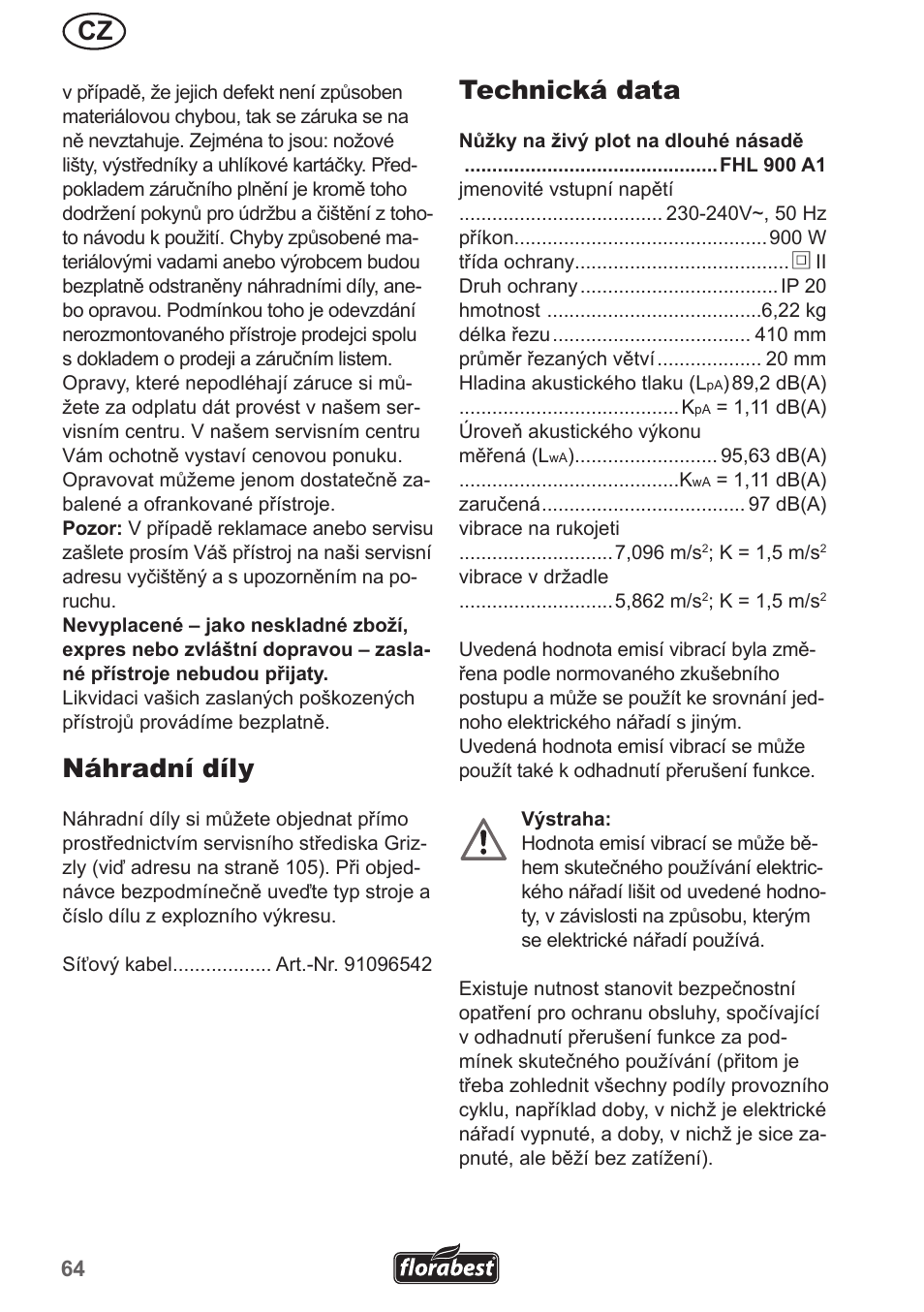 Náhradní díly, Technická data | Florabest FHL 900 A1 User Manual | Page 64 / 106