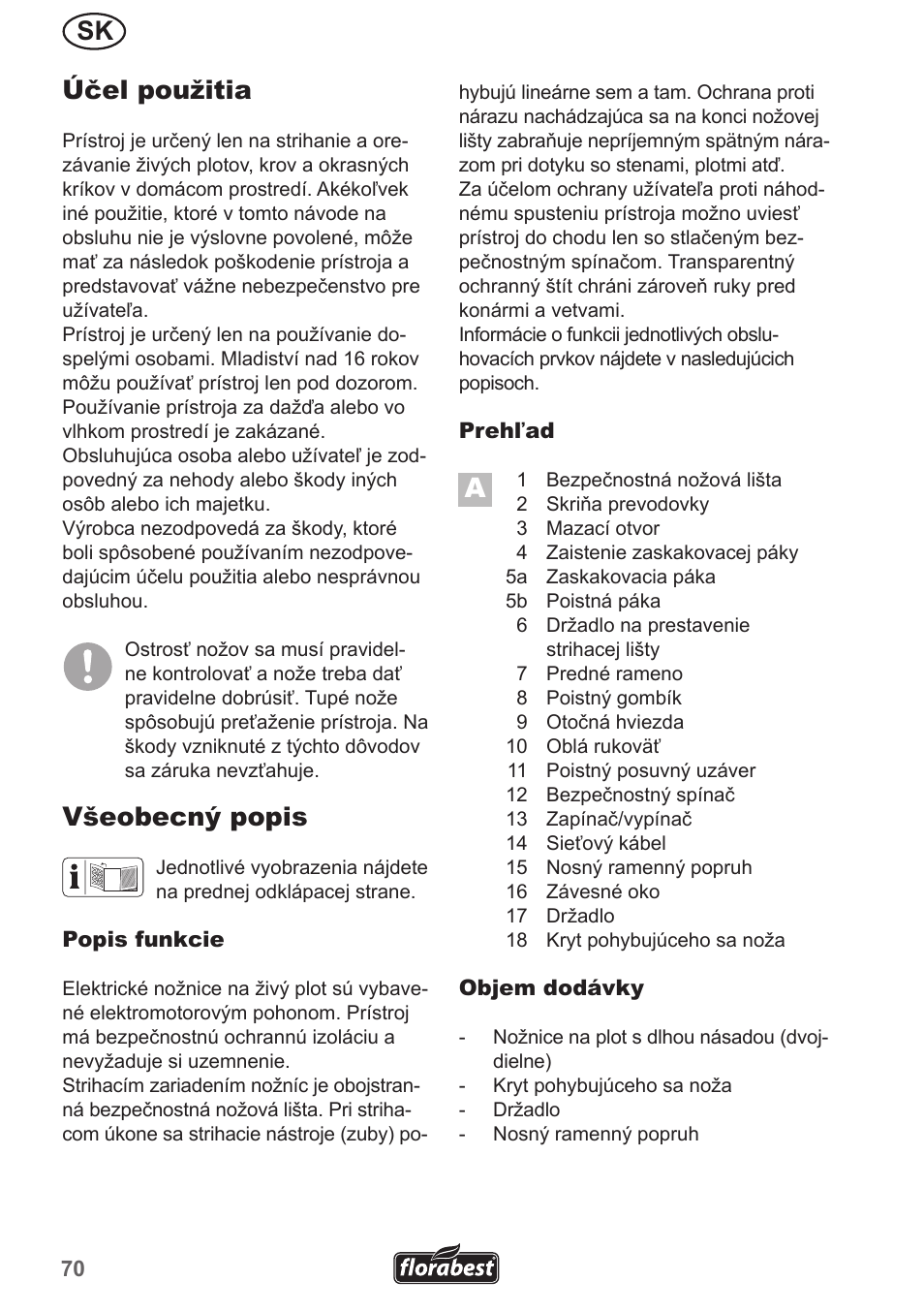 Sk účel použitia, Všeobecný popis | Florabest FHL 900 A1 User Manual | Page 70 / 106