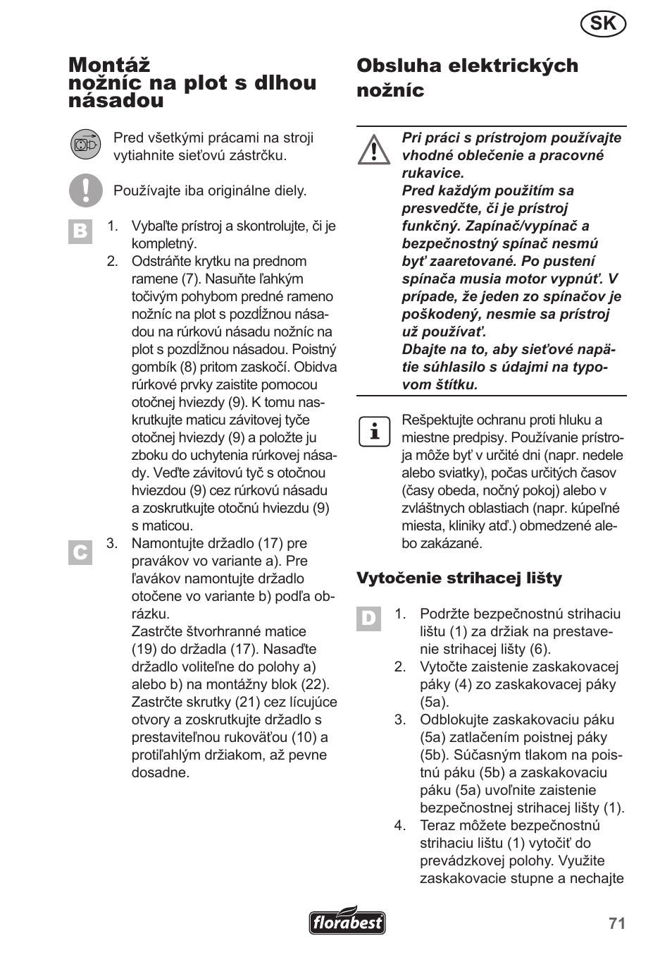 Montáž nožníc na plot s dlhou násadou, Obsluha elektrických nožníc | Florabest FHL 900 A1 User Manual | Page 71 / 106