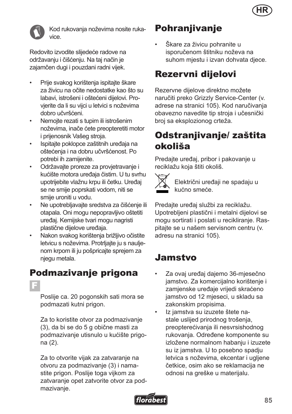 Podmazivanje prigona, Pohranjivanje, Rezervni dijelovi | Odstranjivanje/ zaštita okoliša, Jamstvo | Florabest FHL 900 A1 User Manual | Page 85 / 106