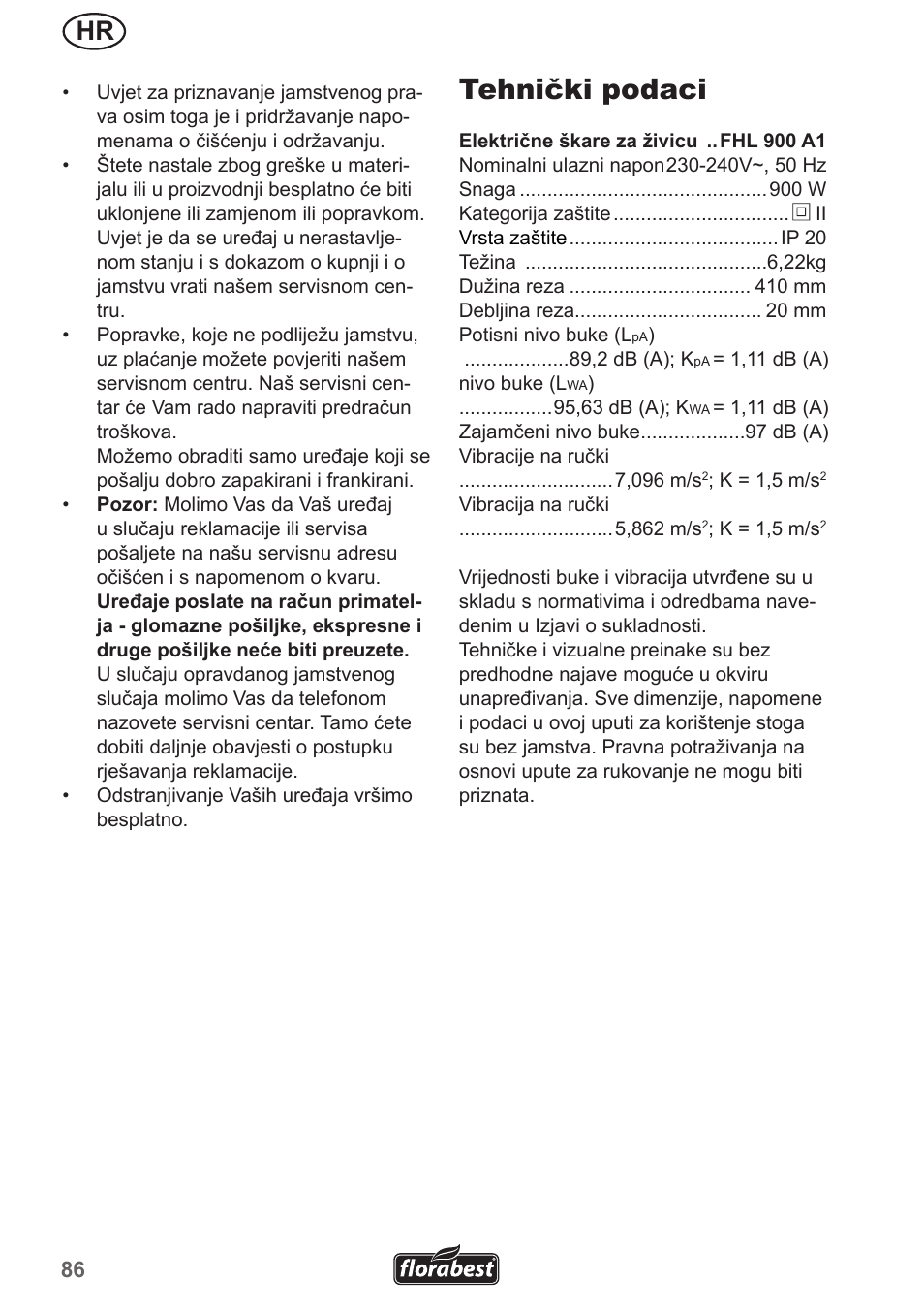 Tehnički podaci | Florabest FHL 900 A1 User Manual | Page 86 / 106