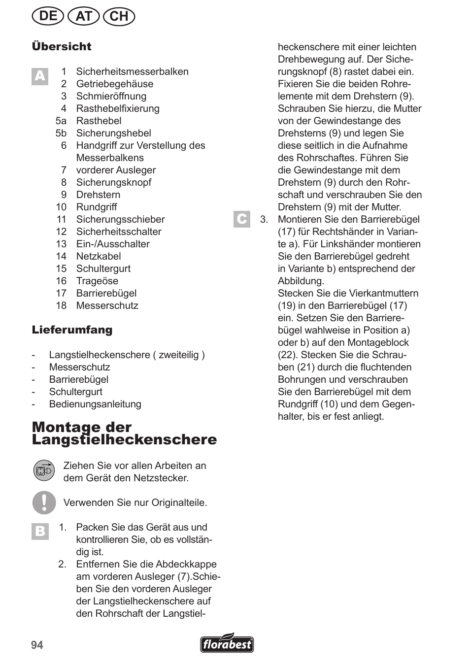 Montage der langstielheckenschere, Ch at de | Florabest FHL 900 A1 User Manual | Page 94 / 106