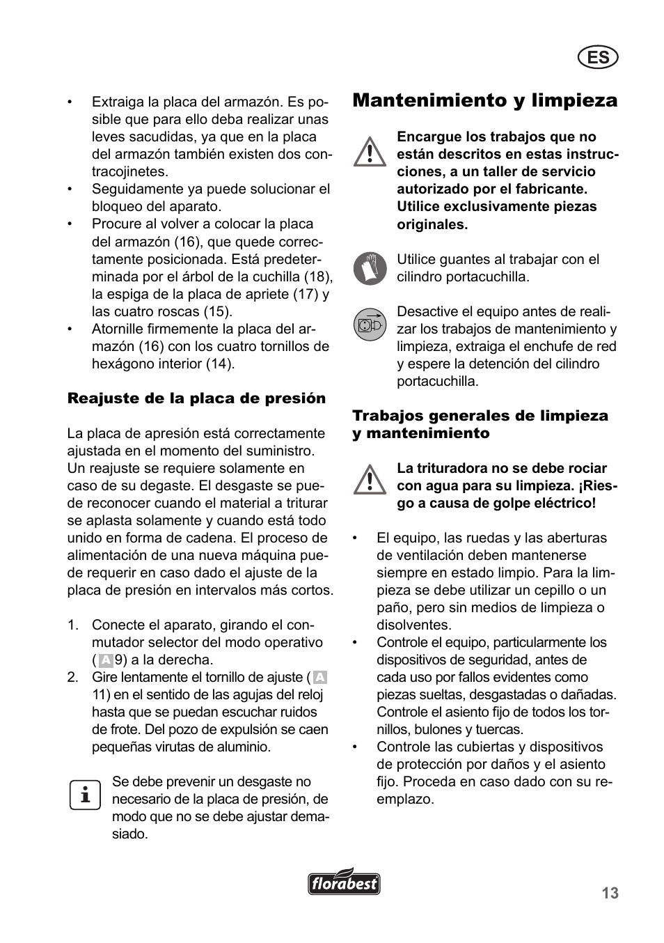 Mantenimiento y limpieza | Florabest FLH 2500 A1 User Manual | Page 13 / 66