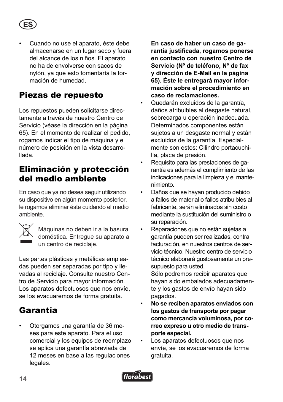 Piezas de repuesto, Eliminación y protección del medio ambiente, Garantía | Florabest FLH 2500 A1 User Manual | Page 14 / 66