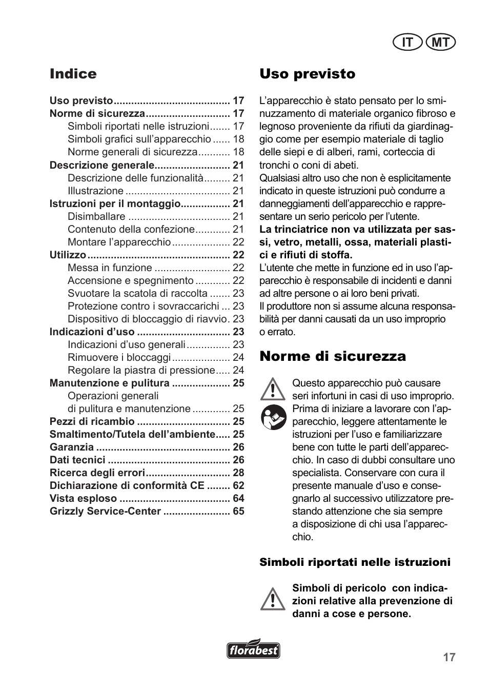 Uso previsto, Norme di sicurezza, Indice | It mt | Florabest FLH 2500 A1 User Manual | Page 17 / 66