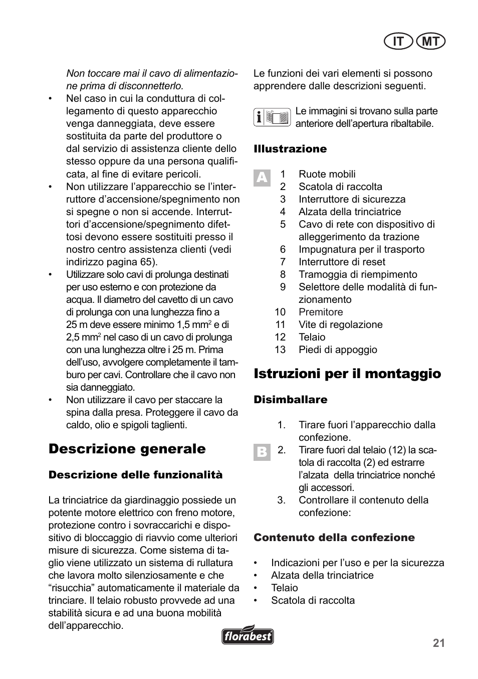 Descrizione generale, Istruzioni per il montaggio, It mt | Florabest FLH 2500 A1 User Manual | Page 21 / 66