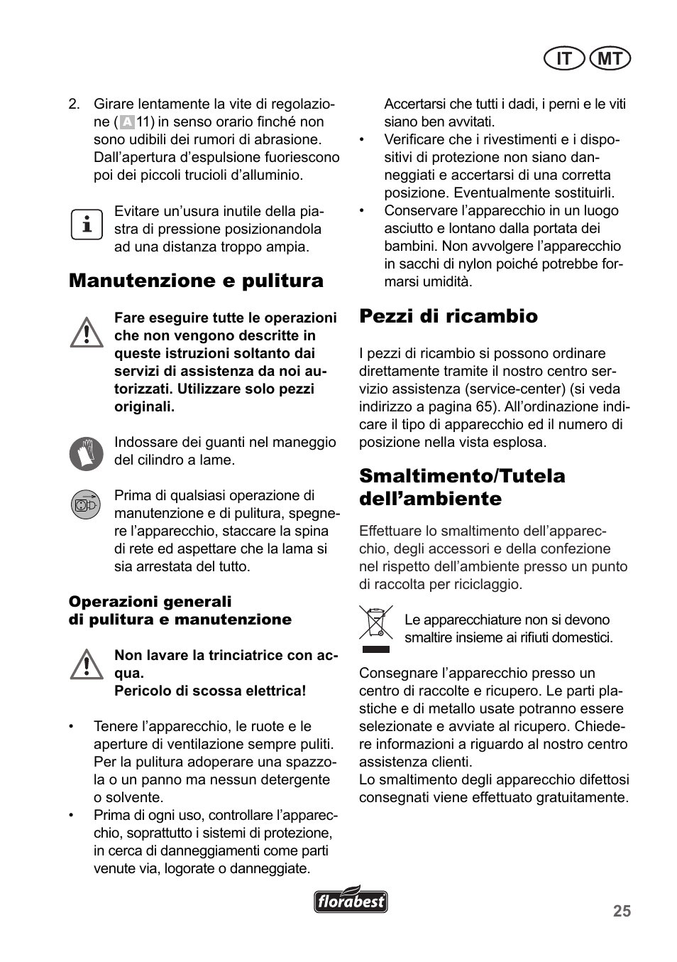 Manutenzione e pulitura, Pezzi di ricambio, Smaltimento/tutela dell’ambiente | It mt | Florabest FLH 2500 A1 User Manual | Page 25 / 66