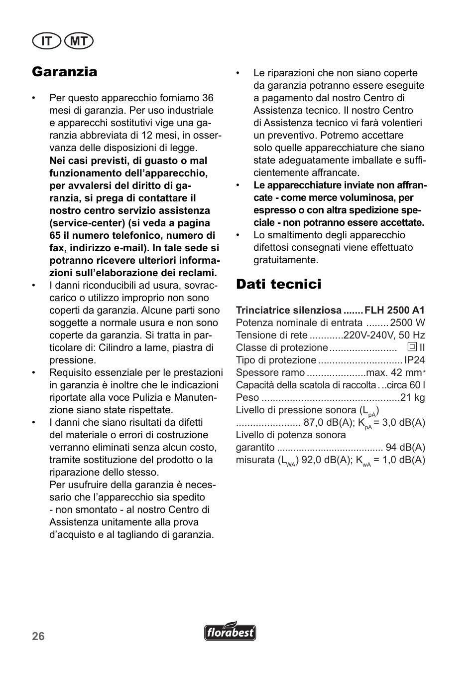 Garanzia, Dati tecnici, It mt | Florabest FLH 2500 A1 User Manual | Page 26 / 66