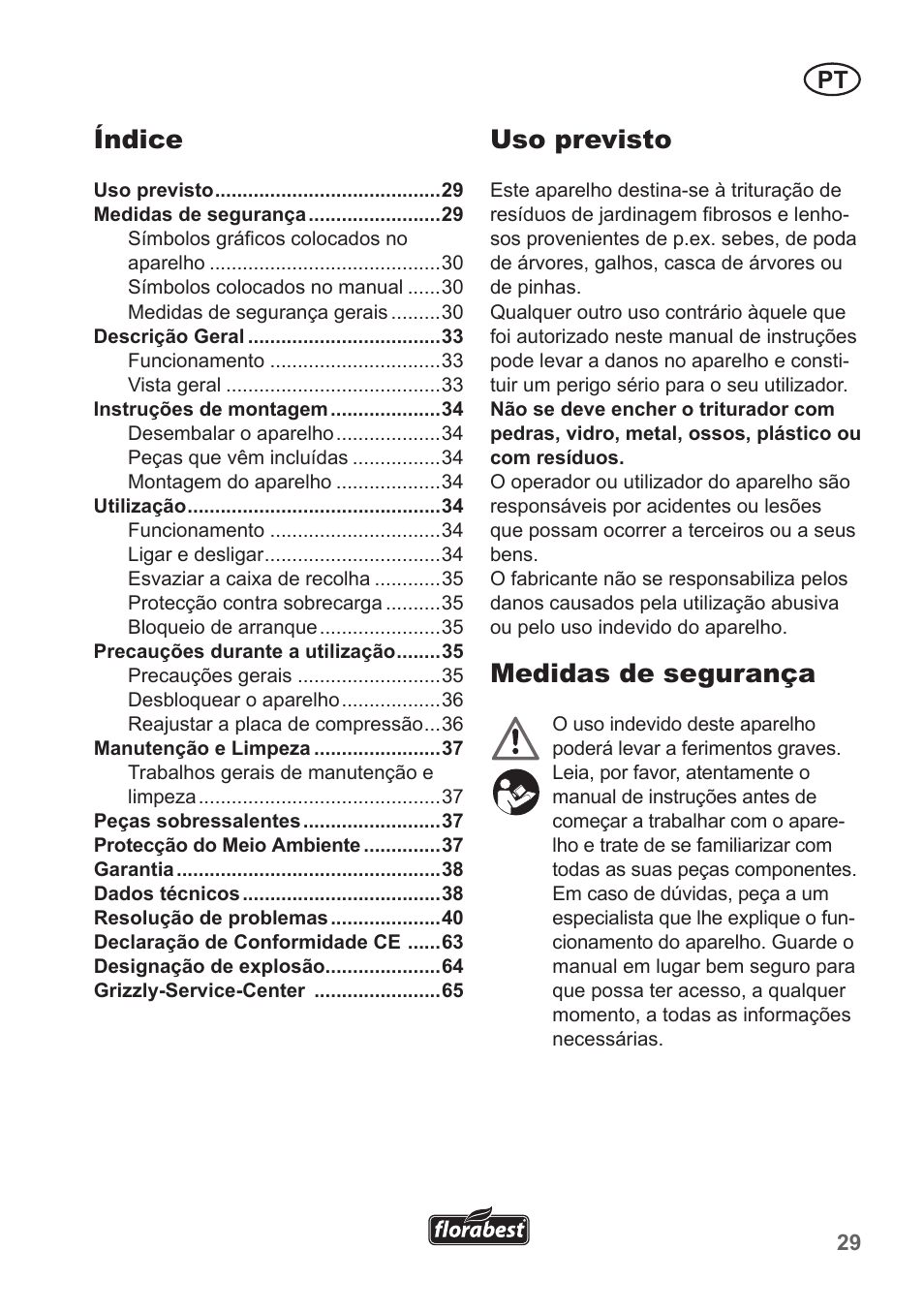 Uso previsto, Medidas de segurança, Índice | Florabest FLH 2500 A1 User Manual | Page 29 / 66