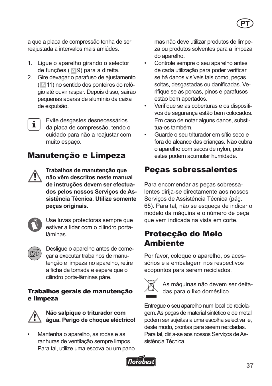 Manutenção e limpeza, Peças sobressalentes, Protecção do meio ambiente | Florabest FLH 2500 A1 User Manual | Page 37 / 66