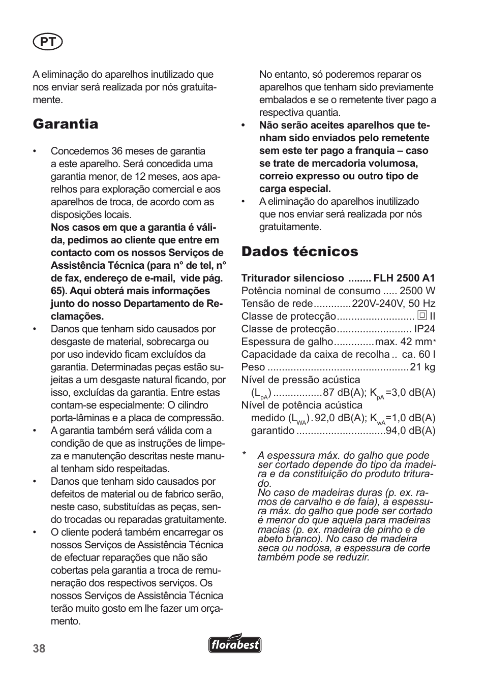 Garantia, Dados técnicos | Florabest FLH 2500 A1 User Manual | Page 38 / 66