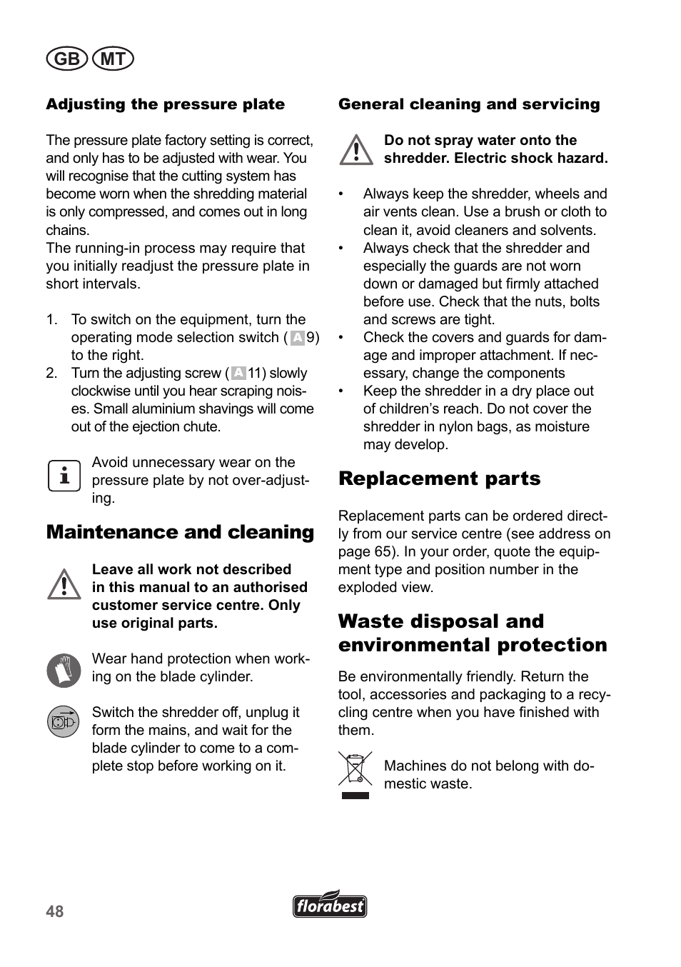 Maintenance and cleaning, Replacement parts, Waste disposal and environmental protection | Gb mt | Florabest FLH 2500 A1 User Manual | Page 48 / 66