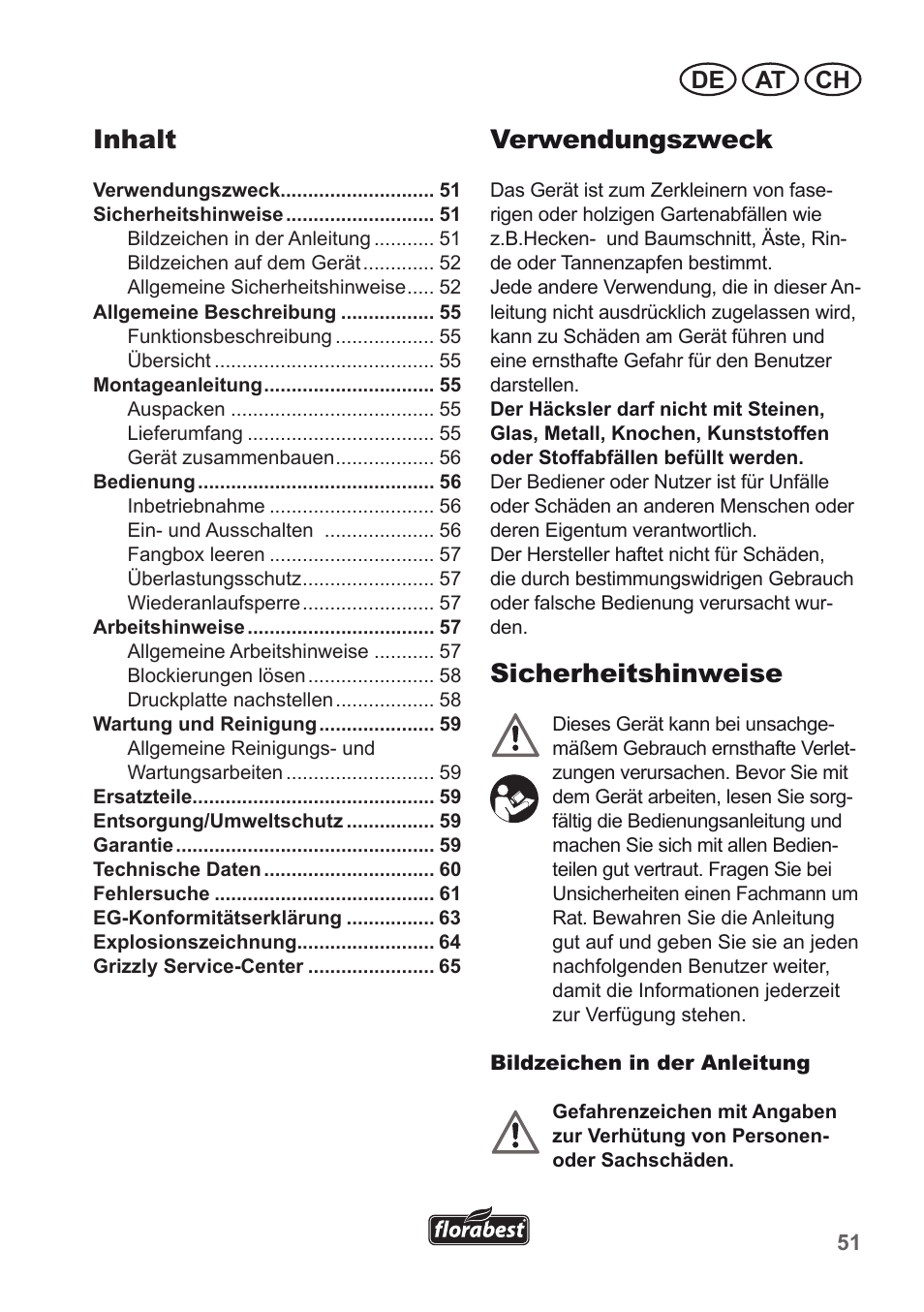 Verwendungszweck, Sicherheitshinweise, Inhalt | De at ch | Florabest FLH 2500 A1 User Manual | Page 51 / 66