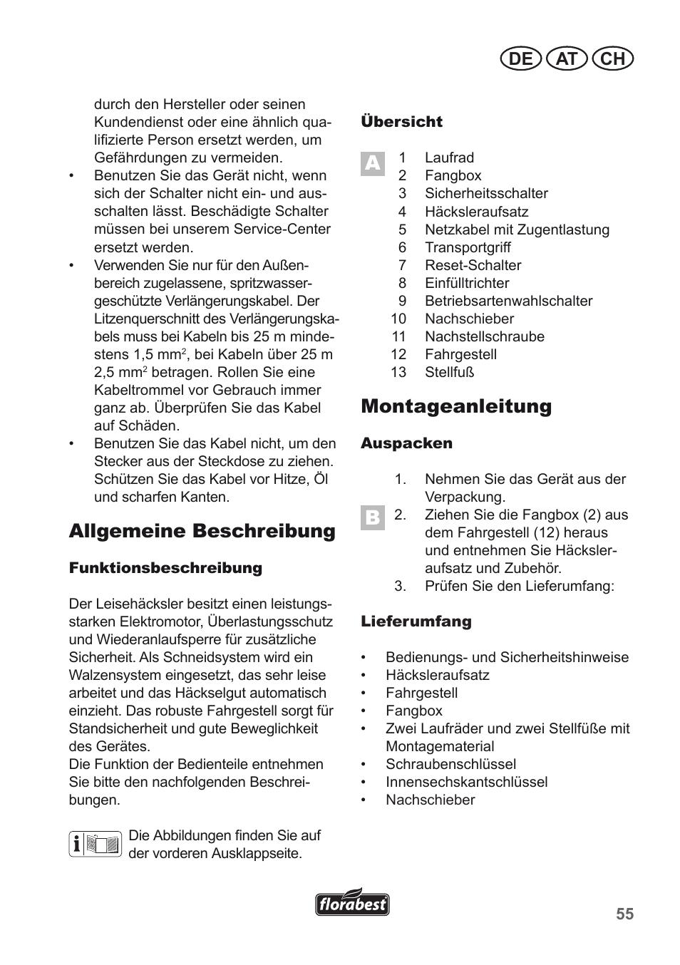 Allgemeine beschreibung, Montageanleitung, De at ch | Florabest FLH 2500 A1 User Manual | Page 55 / 66